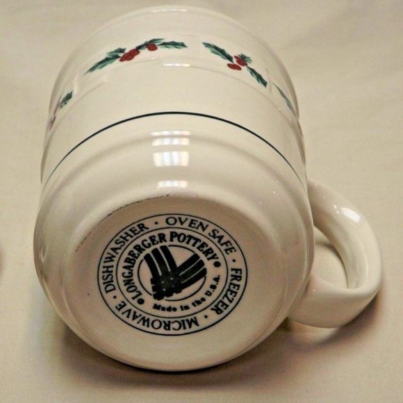 Longaberger Pottery Set of 2 Woven Traditions Traditional Holly Mugs USA - Picture 8 of 16